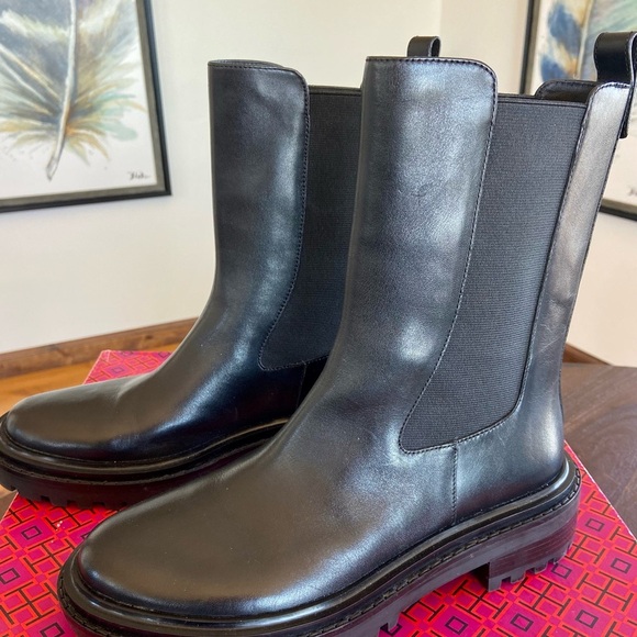 TORY BURCH Black Mid-Calf Leather Boots - Picture 2 of 16